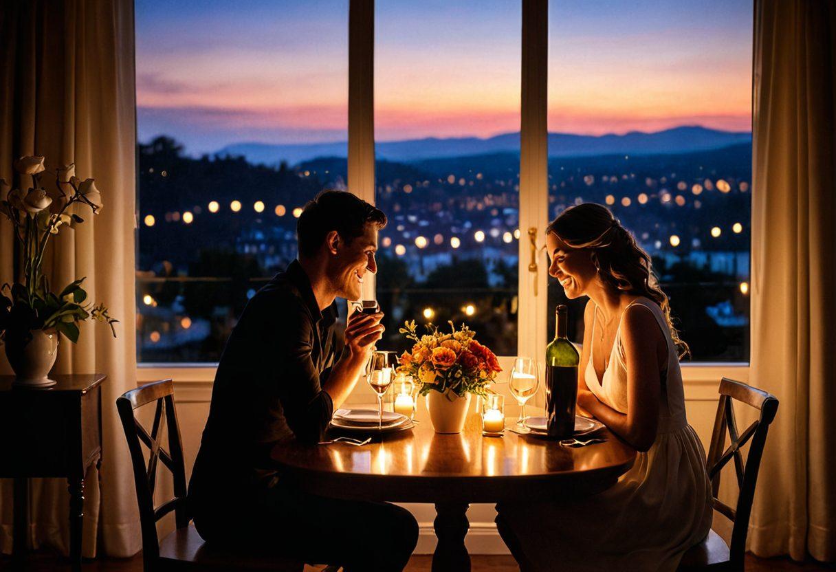 A cozy, candlelit dinner setting for two, with a heart-shaped table arrangement, warm golden lights glowing softly above. On the table, an elegant wine bottle and two crystal glasses, adorned with fresh flowers and personal love notes. In the background, a window showing a starry night sky and a silhouette of a couple laughing together. The atmosphere exudes intimacy, romance, and joy. super-realistic. warm tones. soft focus.