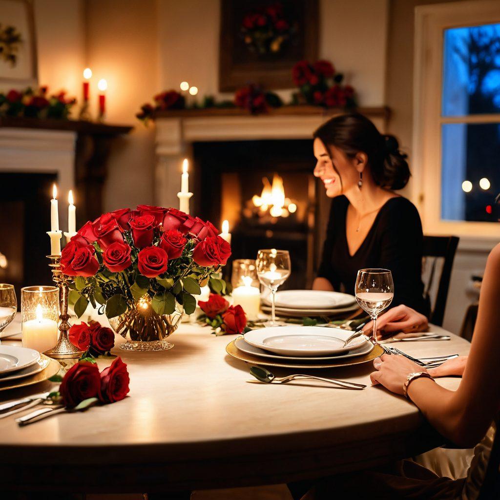 A cozy candlelit setting featuring a beautifully set dining table with elegant dinnerware and red roses. In the background, a warm fireplace flickers, casting a soft glow. A couple is seen sharing a romantic moment, laughter and joy in their eyes. The atmosphere is filled with a sense of intimacy and connection, showcasing elements of love and passion. soft focus, warm colors, romantic vibes.
